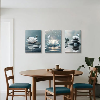WENGTIAO 3Pcs Zen Stones Canvas Wall Art Prints Calm White Lotus Floral Bloom in Water Pictures Posters Butterfly Paintings Spiritual Meditation Artwork for Spa Yoga Living Room Bedroom Office 16x24x3