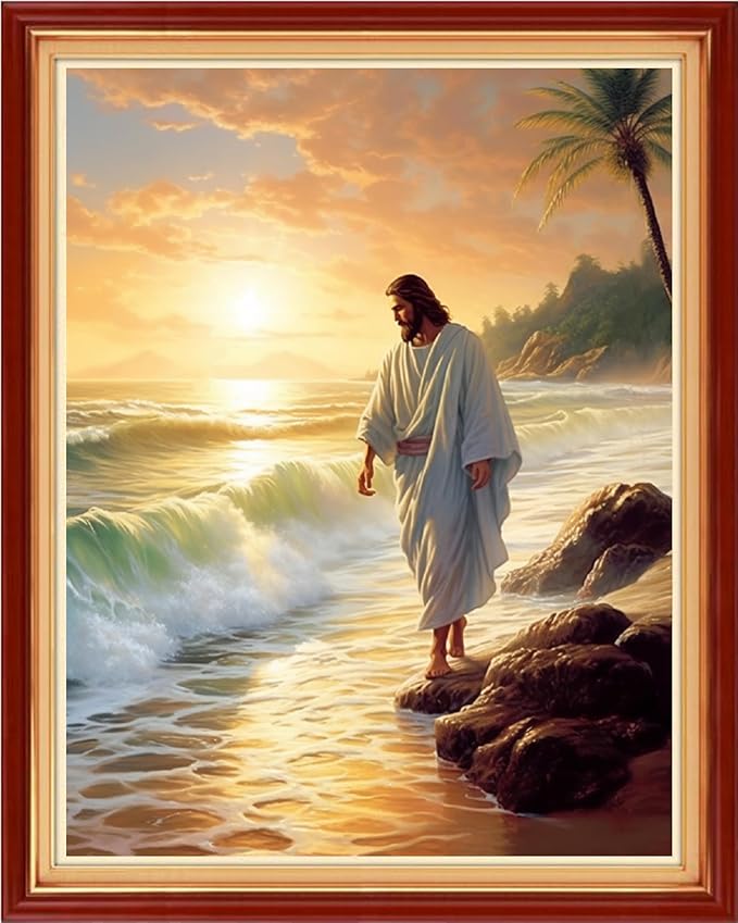 Funart Stamped Cross Stitch Kits for Beginners Full Range of Cross Stitching Preprinted Embroidery Kits for Adults, 11CT Embroidery Pattern Needlepoint Kits-Jesus by Seaside 16x20 inchs