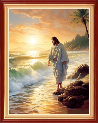 Funart Stamped Cross Stitch Kits for Beginners Full Range of Cross Stitching Preprinted Embroidery Kits for Adults, 11CT Embroidery Pattern Needlepoint Kits-Jesus by Seaside 16x20 inchs