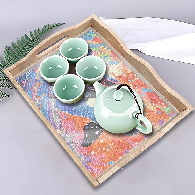 DIY Diamond Art Wooden Tray Kit, Food Tray with Handle Diamond Painted Table Decoration Tray, for Breakfast, Bar Dinner Table Diamond Dots Gem Painting Art Set for Beginners (#10-Orca)