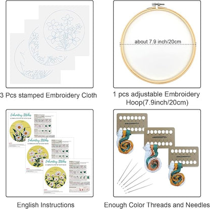 Louise Maelys 3 Sets Flowers Embroidery Kits for Beginners,Cross Stitch Kit for Adults,DIY Needlepoint for Starters Including Florals Pattern, Hoop,Instruction and Threads