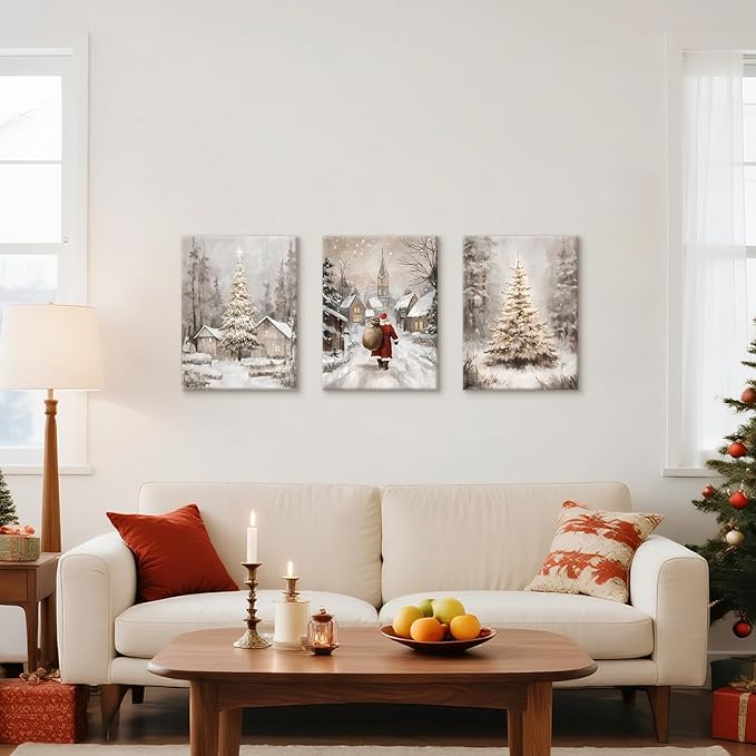 3Pcs Winter Snow Scene Canvas Wall Art for Bedroom, Christmas Pine Trees Landscape Wall Picture Retro Cabin Snowy Canvas Art Prints Painting Country Nature Wall Decor for Living Room Kitchen 12"x16"X3