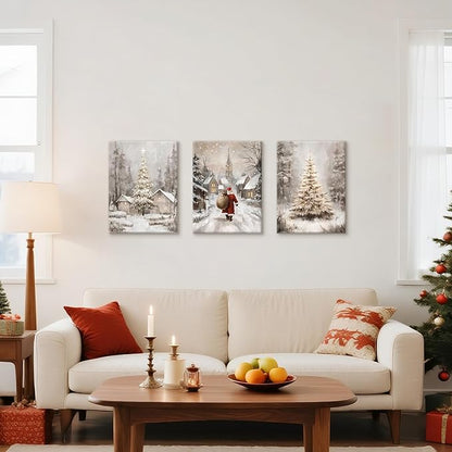 3Pcs Winter Snow Scene Canvas Wall Art for Bedroom, Christmas Pine Trees Landscape Wall Picture Retro Cabin Snowy Canvas Art Prints Painting Country Nature Wall Decor for Living Room Kitchen 12"x16"X3