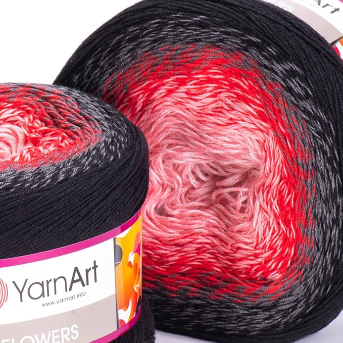 2 Skein/Pack Yarnart Flowers Gradient Yarn, Each Ball 8.8 Oz (250gr) / 1094 Yards (1000m), 55% Cotton 45% Acrylic, Superfine Fingering Weight for Knitting and Crochet, 282 - Black Red Pink