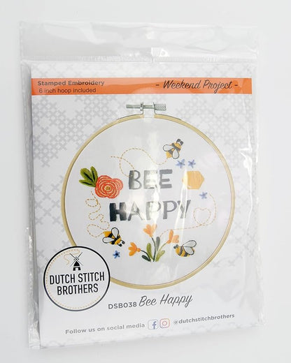 DUTCH STITCH BROTHERS Bee Happy Embroidery Starter Kit with Pattern and Instructions. Stamped Embroidery Kits with Embroidery Clothes with Pattern. 6" Embroidery Hoop