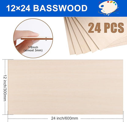 24 Pack Basswood Sheets 12"x24"x1/8", 3mm Basswood for Laser Cutting and Engraving,Thin Plywood Board Unfinished Wood for Crafts, DIY Ornaments and Architectural Model, Wood Burning.