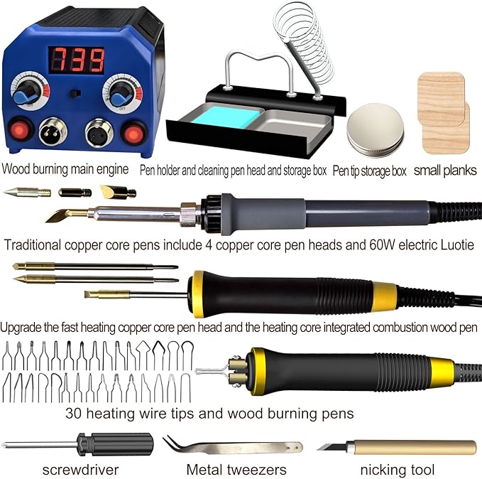 FIRElood LH55-3-3 Wood Burner kit Wood Burning Tool Pen 200~750℃, Wood Burning kit with Digital Thermometer Temperature Adjustable Temperature 3 pyrographic Wood Burning pens 37 Wood Burning Pen Tips
