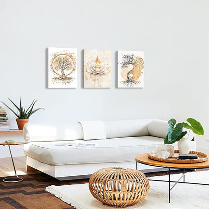 WENGTIAO 3Pcs Tree of Life Canvas Wall Art Prints Zen Lotus Pictures Posters Beige Yin Yang Fall Art Paintings Spiritual Meditation Artwork for Living Room Bedroom Spa Office Home Decor 12x16x3Pcs