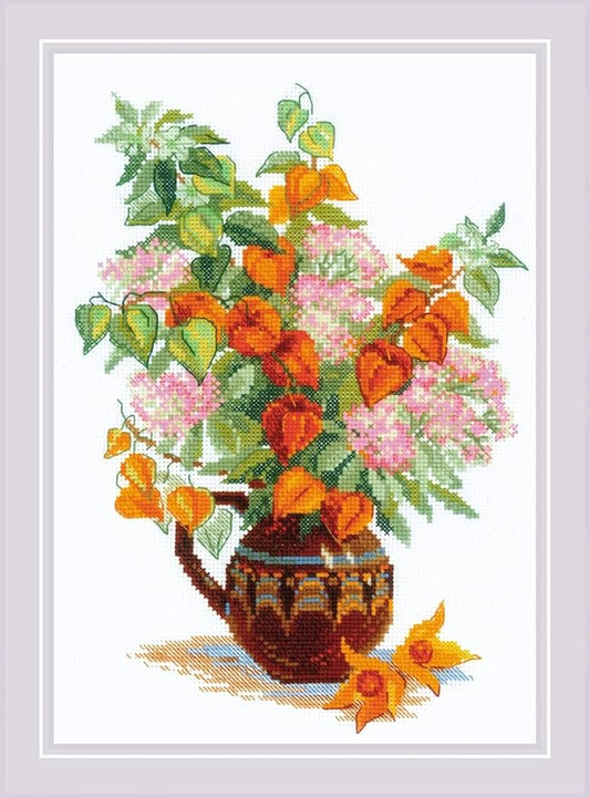 RIOLIS - Bouquet with Physalis 2086, Cross Stitch Kits 8¼" x 11¾", Cross Stitch Kits for Beginners & Advanced, Crossstitching Kit Adult, Embroidery Counted Stitching Kit