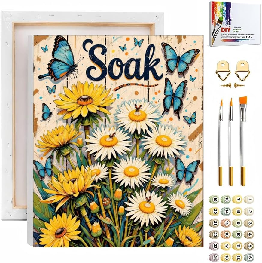 Sceorixa Soak Flower Paint by Numbers Kit for Adults - Butterflies Inspirational Painting on Canvas, Acrylic Paint Set, Suitable for Beginners, Art for Home Decoration or Gifts(8X12IN Framed) by Unknown