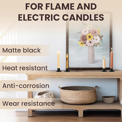 Iron Taper Candle Holder Round- Set of 4 Black Metal Candlestick Holders for Home Decor, Wedding, Housewarming, Birthday, Candle Stand Made in Unique Blend of Farmhouse and Antique Styles