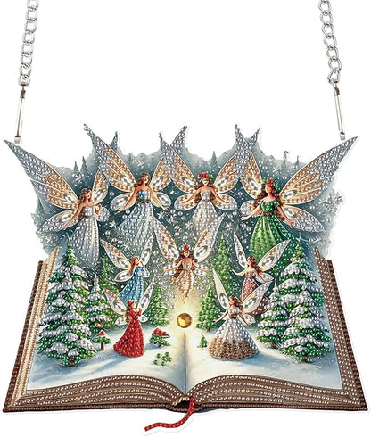 5D Christmas Diamond Painting Pendant Kit, Magic Book with Flying Elf and Snowy Forest, DIY Crystal Diamond Art Hanging Sign for Window, Door & Wall, Fantasy Home Decoration Gift, 24.1 x 20.4 cm