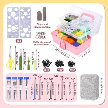 JUPEAN 221 Pcs Needle Felting Kit Needle Felting Starter Kit Needle Felting Supplies Including 43 Color Wool Roving Felting Molds Foam Mat and 4 Sizes Felting Needles for DIY Craft Project