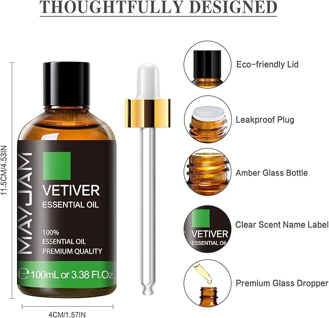 MAYJAM Premium Grade Vetiver Essential Oil - 100ML/3.38FL.OZ for Diffuser, Aromatherapy Oils for Candles, Soaps