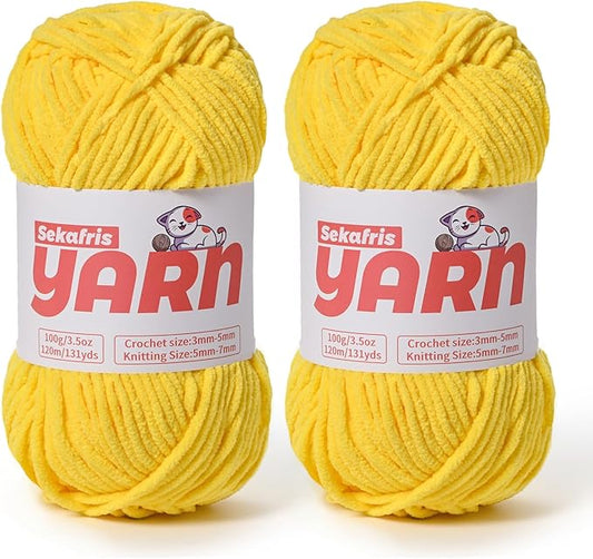 2 Pack Plush Chunky Chenille Yarn for Crocheting, Soft Fluffy Velvet Yarn for Crocheting Amigurumi, Fuzzy Baby Blanket Knitting 200g/262yds Bulky(2 Light Yellow)