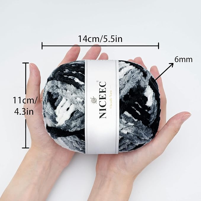 NICEEC 300g Soft Chenille Yarn Blanket Velvet Yarn for Knitting, Crochet, Weaving DIY Craft Total Length 150m (164yds)_Black White Gray