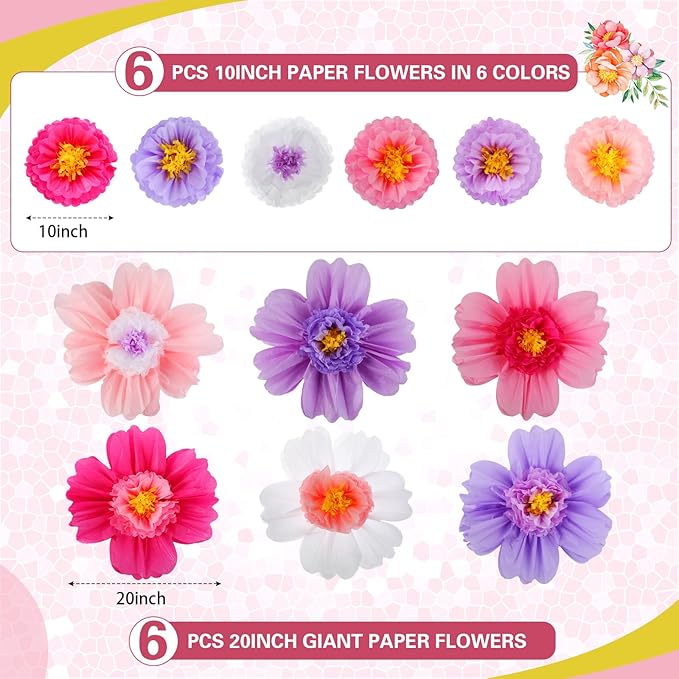 Crowye 12 Pcs Large Colorful Tissue Paper Flowers Decorations 20" Giant Fiesta Craft Crepe Paper Flowers for Wall Decor Backdrop Mexican Wedding Birthday Carnival Party (Bright Color)