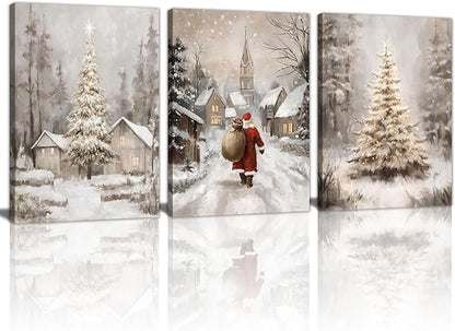 3Pcs Winter Snow Scene Canvas Wall Art for Bedroom, Christmas Pine Trees Landscape Wall Picture Retro Cabin Snowy Canvas Art Prints Painting Country Nature Wall Decor for Living Room Kitchen 12"x16"X3