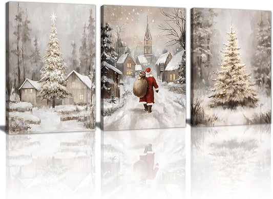 3Pcs Winter Snow Scene Canvas Wall Art for Bedroom, Christmas Pine Trees Landscape Wall Picture Retro Cabin Snowy Canvas Art Prints Painting Country Nature Wall Decor for Living Room Kitchen 20"x28"X3