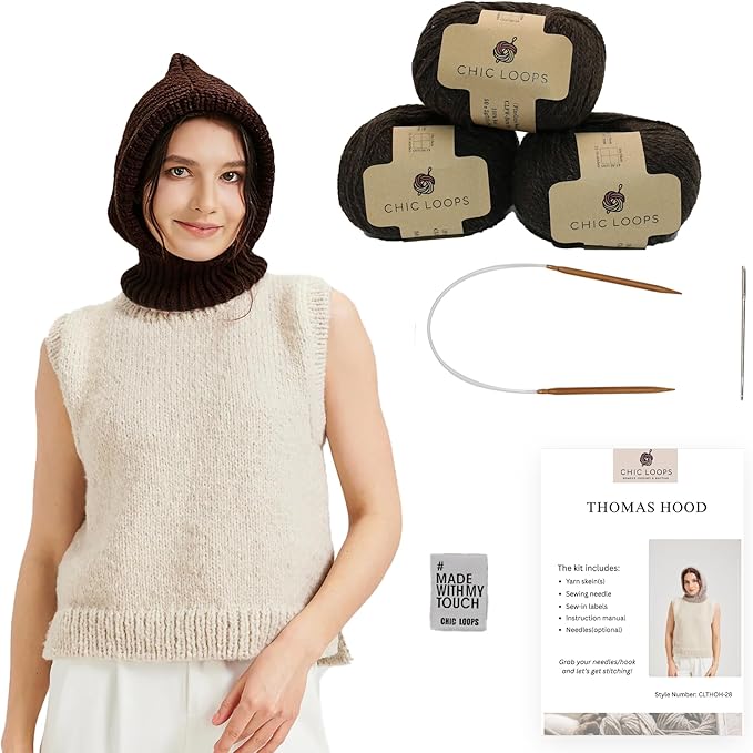 Chic Loops Knitting Kit for Beginners, Knitted Hooded Scarf Beginner Crochet Kit for Adults, Crochet Soft and Cozy Balaclava Hooded Hat for Womem Outdoor Sports with Instruction(Burnt Tea)