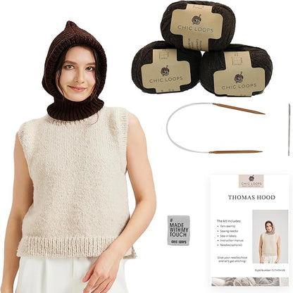 Chic Loops Knitting Kit for Beginners, Knitted Hooded Scarf Beginner Crochet Kit for Adults, Crochet Soft and Cozy Balaclava Hooded Hat for Womem Outdoor Sports with Instruction(Burnt Tea)