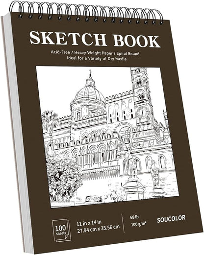 Soucolor 11" x 14" Large Sketchbook, 100 Sheets 68lb/100gsm Top Spiral Bound Large Sketch Pad, Acid Free Big Sketch Paper for Drawing, Illustration, Art Class
