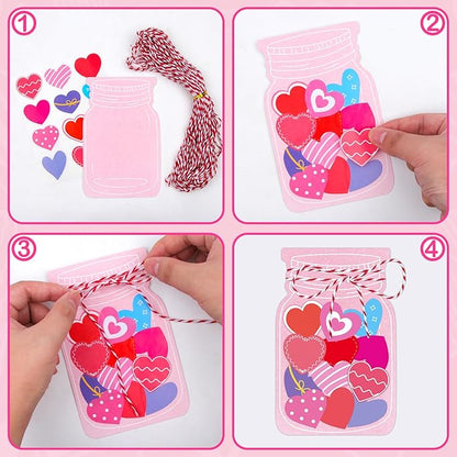 32 Sets Valentine's Day Love Jar Craft Kit DIY Paper Heart in Jar Note Cards and Envelopes Love Hearts Stickers for Valentine's Day Greeting Classroom Activity