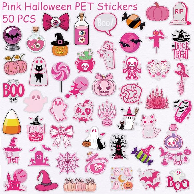 50PCS Cute Pink Halloween Stickers – Kawaii Ghosts, Pumpkins, Cats, Witch Hats, Skull & Trick or Treat Vinyl Decals for Scrapbook, Planner, Journal, DIY Crafts, Laptop, Water Bottle Decoration