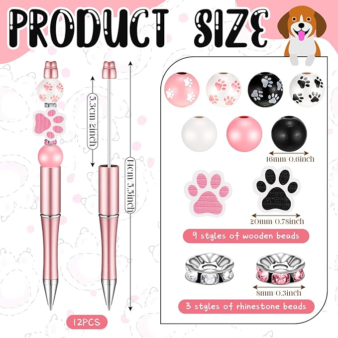 Geyee 12 Set Plastic Beadable Pens Assorted Bead Pens Crystal Wood Round Spacer Set Black Ink DIY Ballpoint for Women Men Gift Office Supplies(Dog Paw)