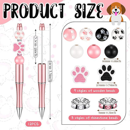 Geyee 12 Set Plastic Beadable Pens Assorted Bead Pens Crystal Wood Round Spacer Set Black Ink DIY Ballpoint for Women Men Gift Office Supplies(Dog Paw)
