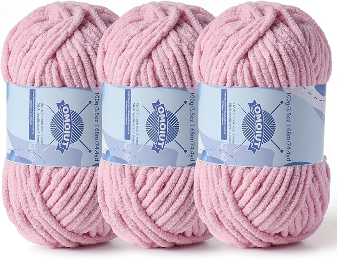 Chunky Chenille Yarn for Crocheting，Baby Yarn for Crocheting Soft Blankets，Bulky Yarns for Crochet Amigurumi，3×100g (3×74.3yds) Fluffy Velvet Yarns for Hand Knitting (3 Pale Pink)
