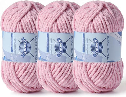 Chunky Chenille Yarn for Crocheting，Baby Yarn for Crocheting Soft Blankets，Bulky Yarns for Crochet Amigurumi，3×100g (3×74.3yds) Fluffy Velvet Yarns for Hand Knitting (3 Pale Pink)