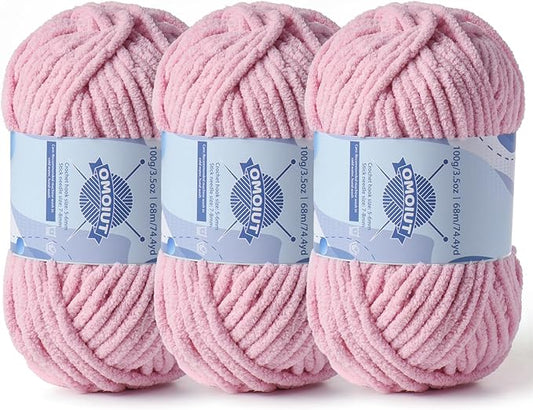 Chunky Chenille Yarn for Crocheting，Baby Yarn for Crocheting Soft Blankets，Bulky Yarns for Crochet Amigurumi，3×100g (3×74.3yds) Fluffy Velvet Yarns for Hand Knitting (3 Pale Pink)