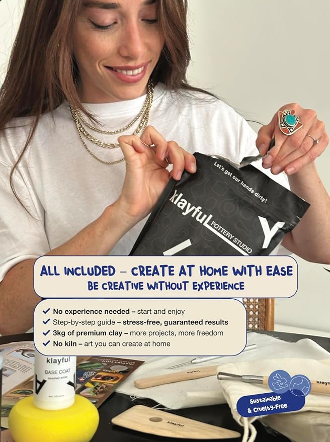 KLAYFUL Pottery Kit for Adults – 6,6lbs Air Dry Clay Pottery Set with Tools, Paints & Brushes – DIY Arts & Crafts Kit for Beginners & Couples | Creative Gift Set for Relaxing Date Night Crafts