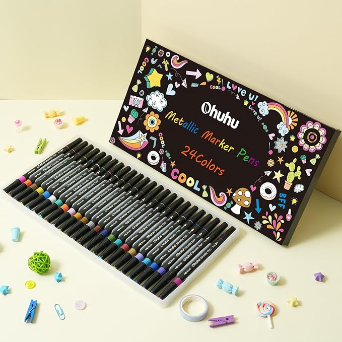 Ohuhu Markers Metallic Pens: 24 Colors Water-based for Adults Mandala Coloring Book Glitter Shimmer Markers for Black White Paper Glass Rock Birthday Card Making Halloween Pumpkin Ceramics DIY
