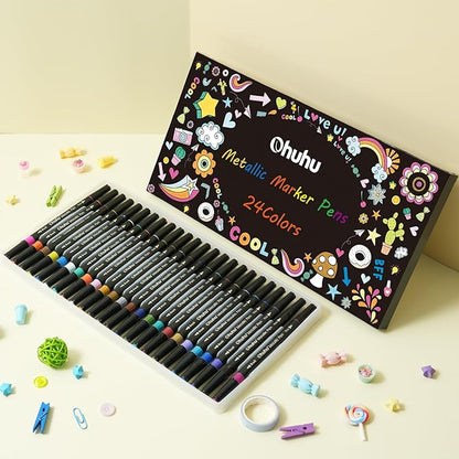 Ohuhu Markers Metallic Pens: 24 Colors Water-based for Adults Mandala Coloring Book Glitter Shimmer Markers for Black White Paper Glass Rock Birthday Card Making Halloween Pumpkin Ceramics DIY