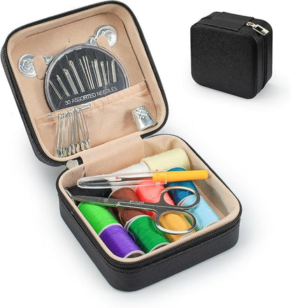 LELE LIFE Mini Travel Sewing Kit Leather Case, Small Sewing Kit for Adults and Beginners, Basic Needle and Thread Kit for Emergency Hand Sewing Repair Supplies (Black)