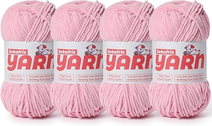 4 Pack Plush Chunky Chenille Yarn for Crocheting, Soft Fluffy Velvet Yarn for Crocheting Amigurumi, Fuzzy Baby Blanket Knitting 400g/524yds Bulky(4 Pink)