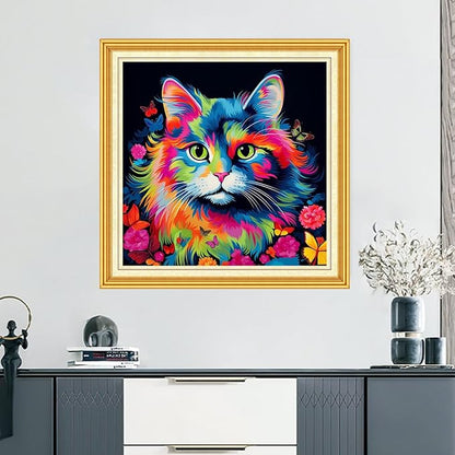 DMCVIVR Stamped Cross Stitch Kits for Beginners Adults Needlepoint Kits for Beginners Embroidery Kits for Adults Crossstitch Kit for Beginners 11CT-Colorful Cat 18x18 inch