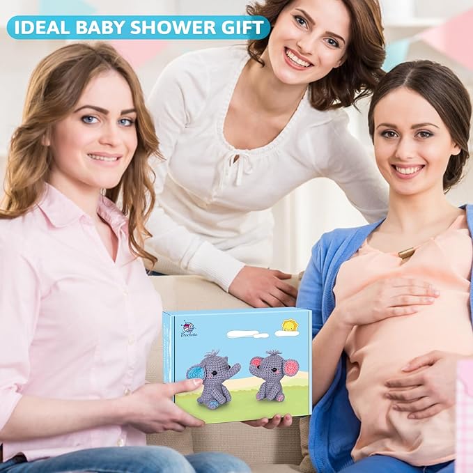 Crochetta Crochet Kit for Beginners, Beginner Crochet Starter Kit with Step-by-Step Video Tutorials, Learn to Crochet Kits for Adults, DIY Knitting Supplies, 2 Pack Elephant (40%+ Yarn)