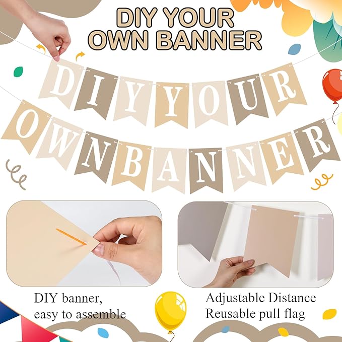 Mooliwe 171 Pcs DIY Custom Banner Kit Make Your Own Customizable Sign for Birthday Wedding Party Decoration Include 20 Paper Pennant 148 Letters and Numbers 1 Rope 2 Threading Device(Beige)