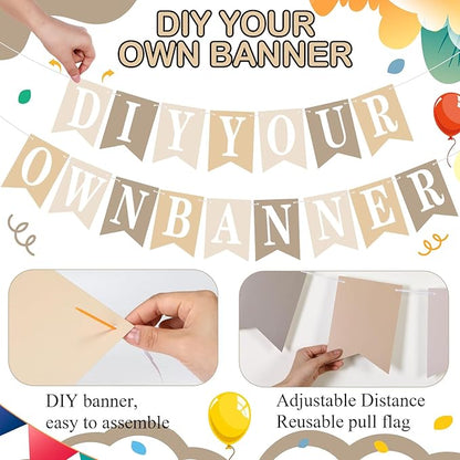Mooliwe 171 Pcs DIY Custom Banner Kit Make Your Own Customizable Sign for Birthday Wedding Party Decoration Include 20 Paper Pennant 148 Letters and Numbers 1 Rope 2 Threading Device(Beige)