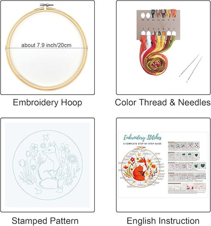 Louise Maelys Fall Fox Embroidery Kits for Beginners with Autumn Animal Pattern,Adults Starter Cross Stitch Kit DIY Needlepoint