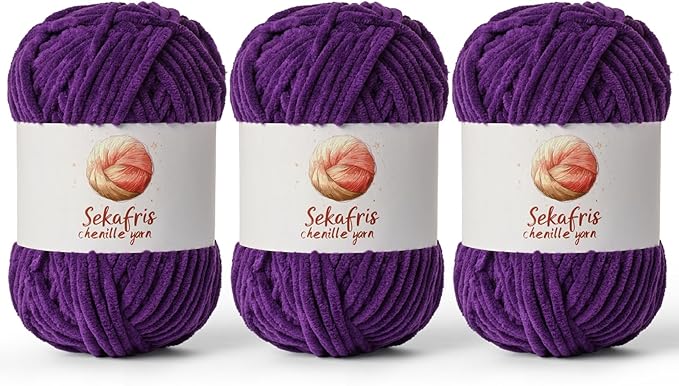 3 Pack Violet Chunky Chenille Yarn for Crocheting, Bulky Velvet Yarns for Crochet, Baby Yarn for Crocheting Soft Blanket, 393 yds/10.5 oz Fluffy Amigurumi Crochet Yarn