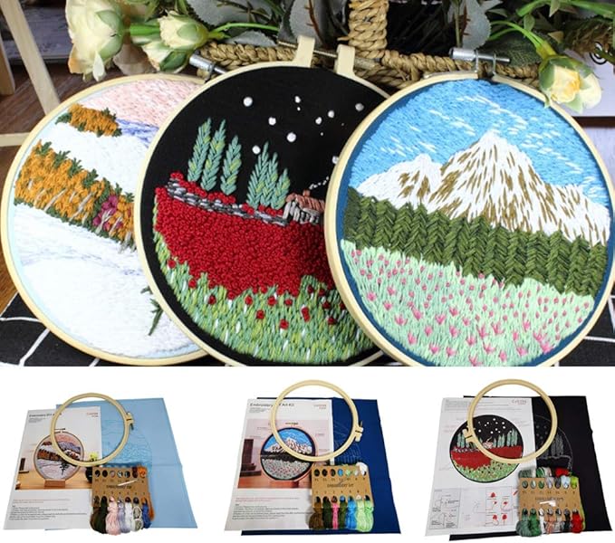 SUQUUB 3 Sets Embroidery Starter Kit with Pattern and Instructions,Cross Stitch Beginner Kits with Frame,3 Plastic Embroidery Hoops,3 Embroidery Clothes and Color Threads (3X Landscape Pattern)