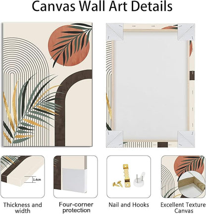3 Pcs Boho Beige Canvas Wall Art Aesthetic Green Botanical Wall Pictures Minimalist Geometric Line Plants Leaf Art Prints Painting Home Decor for Bedroom Living Room Office Ready To Hang 16"x24"x3Pcs