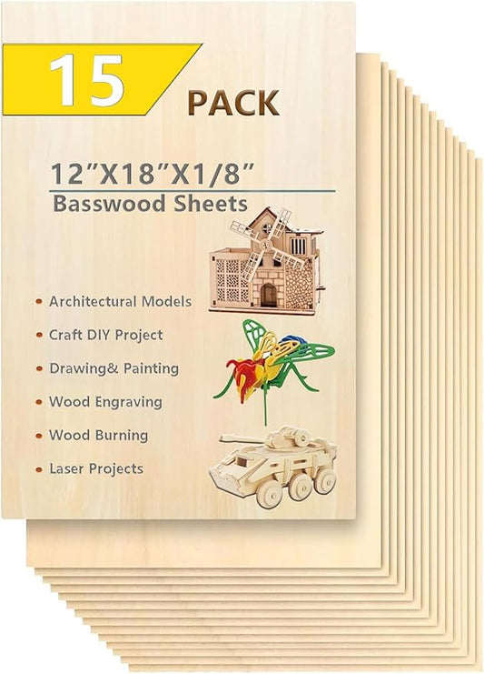 15 Pack Basswood Sheets for Crafts 12x18x1/8 Inch 3mm Basswood for Laser Cutting & Engraving, Drawing,Wood Burning, Unfinished Plywood Sheets for DIY Ornaments and Architectural Model (12x18x1/8)