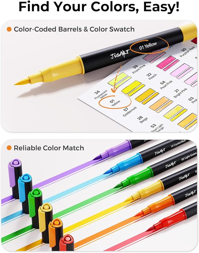 JusArt Markers for Adult Coloring Books No Bleeding, 60 Colors Coloring Markers with Dual Tips, Fine & Brush Pens with Ergonomic Triangle Grip & 33% More Ink, Water-Based Art Drawing Set for Adults