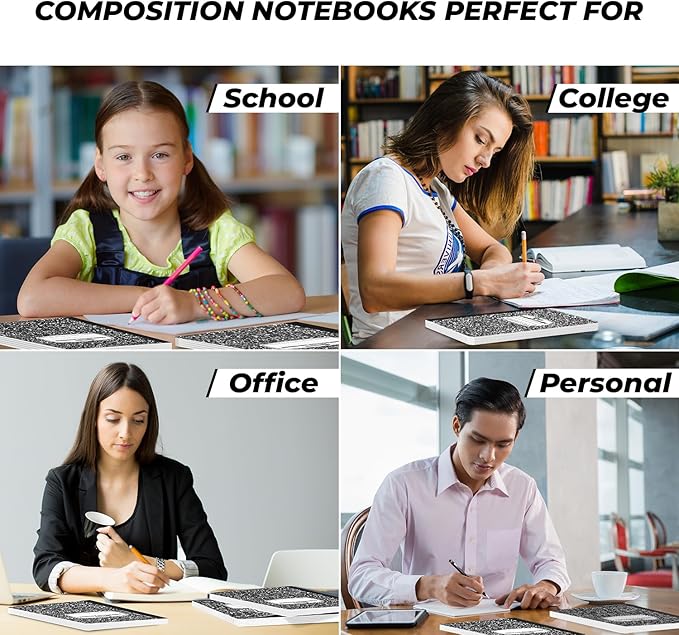 Rosmonde 50 Pack Composition Notebooks Bulk Wide Ruled, 200 Pages (100 Sheets), 9-3/4 x 7-1/2, Hard Cover, Bulk Black Marble Composition Notebook, Bulk Office Notebooks, Bulk Notebooks School Supplies