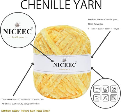 NICEEC 300g Soft Chenille Yarn Blanket Velvet Yarn for Knitting, Crochet, Weaving DIY Craft Total Length 150m (164yds)_Yellow